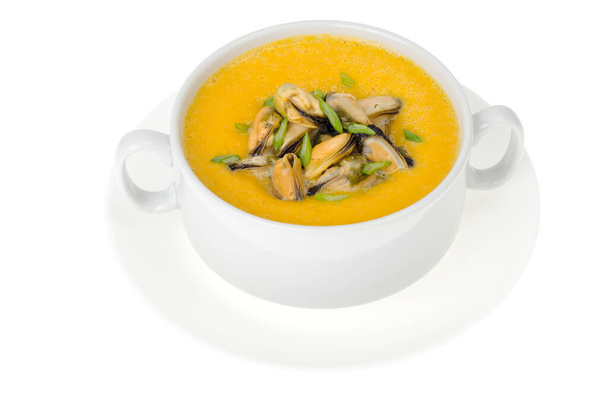 Cream soup with canned mussels. Studio Photo - Photo, Image