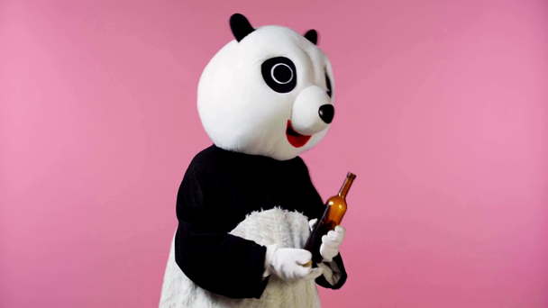 persona en traje de oso panda beber vino y bailar aislado en rosa
  - Metraje, vídeo
