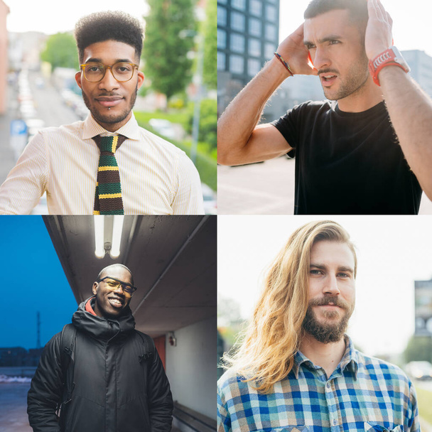 Des gens divers. Collage de divers jeunes hommes multi-ethniques exprimant différentes émotions
 - Photo, image