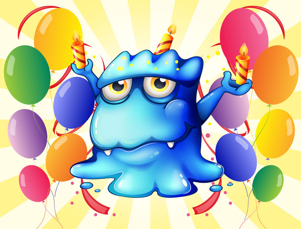 modré monstrum vyrovnávání svíčky uprostřed balónky - Vektor, obrázek