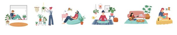 Quarantine, stay at home concept series - people sitting at their home, room or apartment, practicing yoga, enjoying meditation, relaxing on sofa, reading books, baking and listening to the music.  - Vector, Image