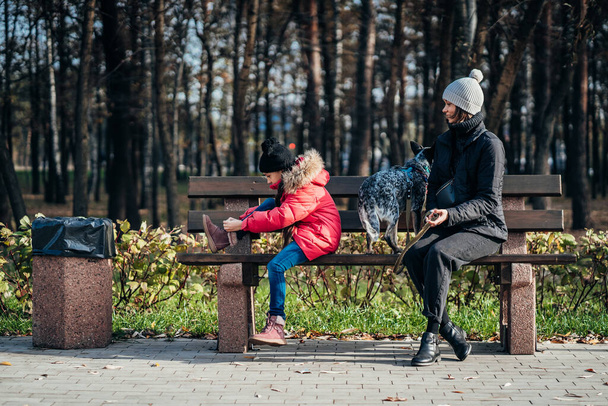 Happy mother and her daughter with dog resting on a bench - Fotografie, Obrázek