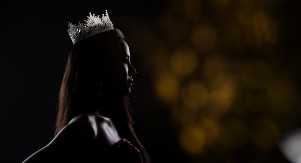 Portrait of Miss Pageant Beauty Contest in sequin Evening Ball Gown long dress with sparkle light Diamond Crown, silhouette low key exposure with curtain, studio lighting dark background dramatic - Photo, Image