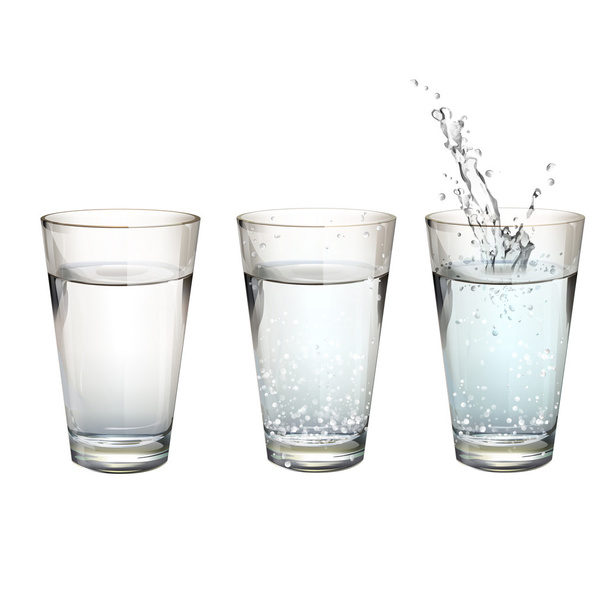 Σύνολο ρεαλιστική ποτήρια νερού με διαφορετικές ενέργειες. Διανυσματικό σχέδιο - Διάνυσμα, εικόνα