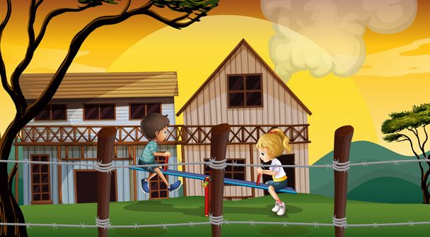 Kids playing seesaw in front of the wooden barnhouses - Vector, Image