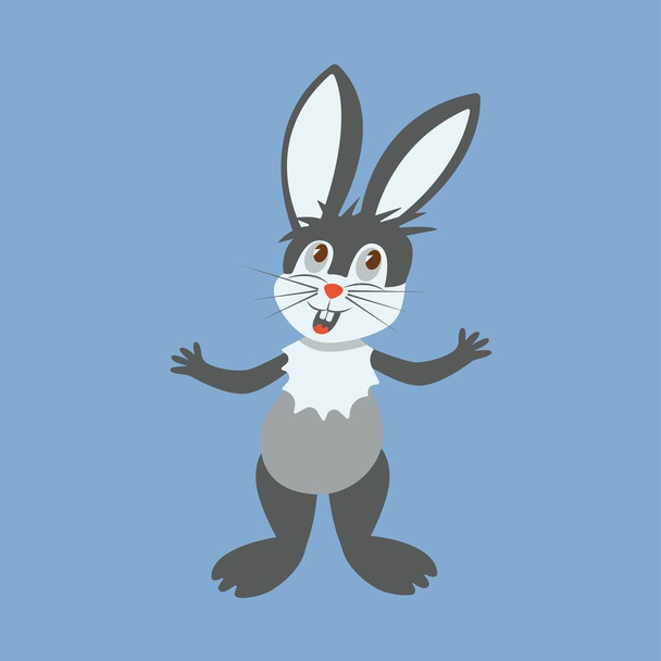 Una liebre gris lindo, conejo, conejo se para en sus patas traseras y canta. Feliz Pascua. Un ágil animal salvaje del bosque. Ilustración colorida sobre un fondo azul en vector de estilo de dibujos animados
 - Vector, imagen