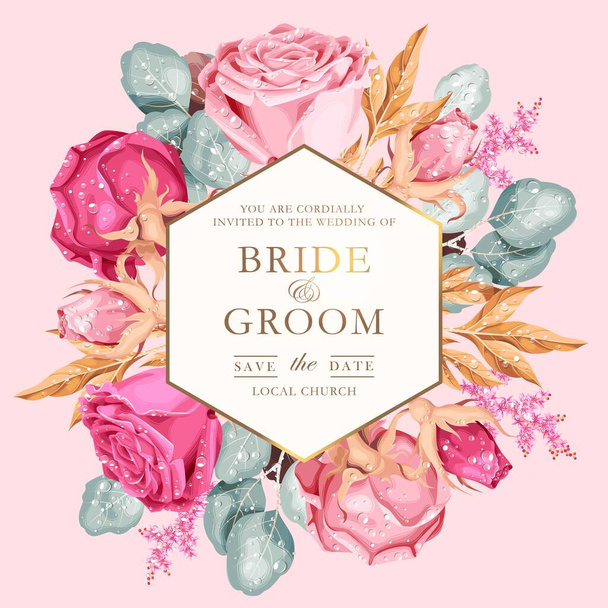 Διάνυσμα γαμήλια πρόσκληση με vintage ροζ τριαντάφυλλα - Διάνυσμα, εικόνα