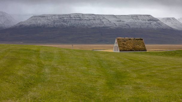 Grass on house roof in Varmahlio, Iceland  - Foto, afbeelding