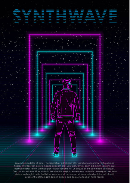 Retrowave synthwave vaporwave ilustração com homem de néon, grade de laser perspectiva e portais retangulares de néon no fundo do espaço estrelado. Design para folheto, cartaz, cartão de convite. Eps 10
. - Vetor, Imagem