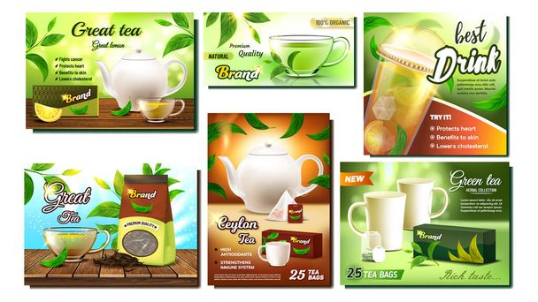 Tea Drink Promo Reklamní transparenty Set Vector - Vektor, obrázek