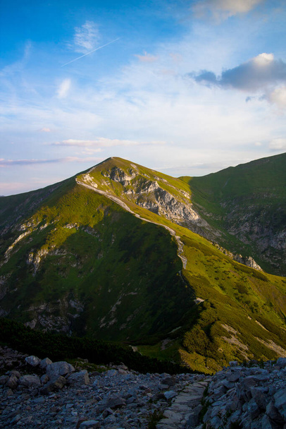 Bulutlu mavi gökyüzüne karşı yeşil bitki örtüsüyle kaplı kayalık dağlar. Zakopane, Polonya - Fotoğraf, Görsel
