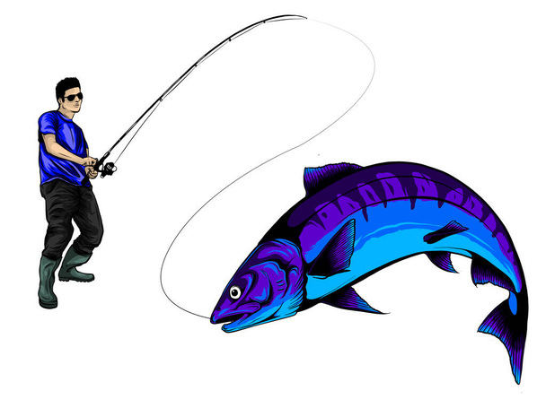 Isolated illustration of big peach fish in waves with fishing rod. Vector illustration - Vector, Image