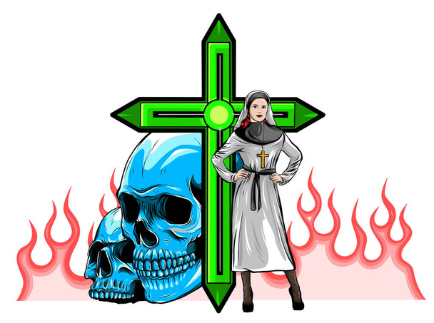 Devil nun with skull evil. Halloween concept. Flat design vector - Vector, Image