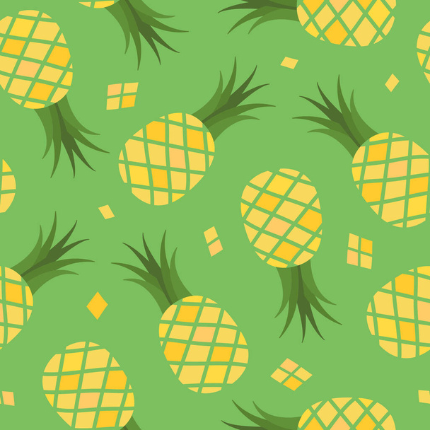 Vector seamless pattern with pineapples on green background. Colorful summer print. Perfect for wrapping paper or fabric. - Διάνυσμα, εικόνα