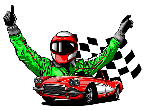 vector illustratie van raceauto met checker vlag op grungy achtergrond - Vector, afbeelding