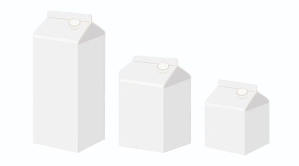 Vektorová ilustrace izometrického zobrazení krabice na mléko, různé velikosti: 500ml, 750ml, 1L. Krabička na mléko Mock-up, bílá čistá prázdná krabička - Vektor, obrázek