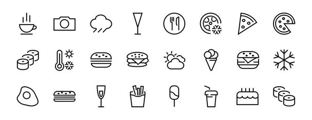 Un simple conjunto de iconos de comida rápida relacionados con la línea vectorial. Contiene iconos como pizza, hamburguesa, sushi, bicicleta, huevos revueltos y más. ACV EDITABLE. 480x480 píxeles perfectos, EPS 10. - Vector, Imagen