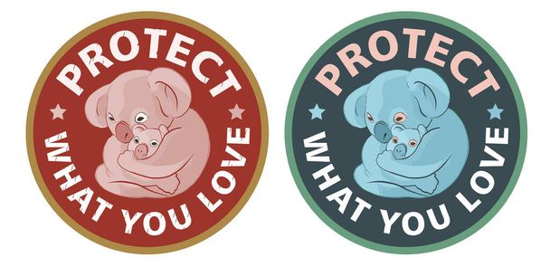 Στυλιζαρισμένη εικόνα δύο λογότυποι κύκλο ενός πάντα με ένα μικρό μωρό panda. Προστατέψτε ό, τι αγαπάτε τυπογραφικό κείμενο. Οικολογικά αυτοκόλλητα με συνθήματα. Ζεστό πορτοκαλί φόντο. - Διάνυσμα, εικόνα