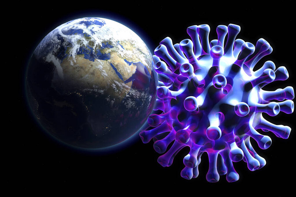 3 D Illustration: a horrible new virus infests planet earth - symbolic image of the new Corona virus Covid 19 and earth. Elements of this image furnished by NASA. - Photo, Image