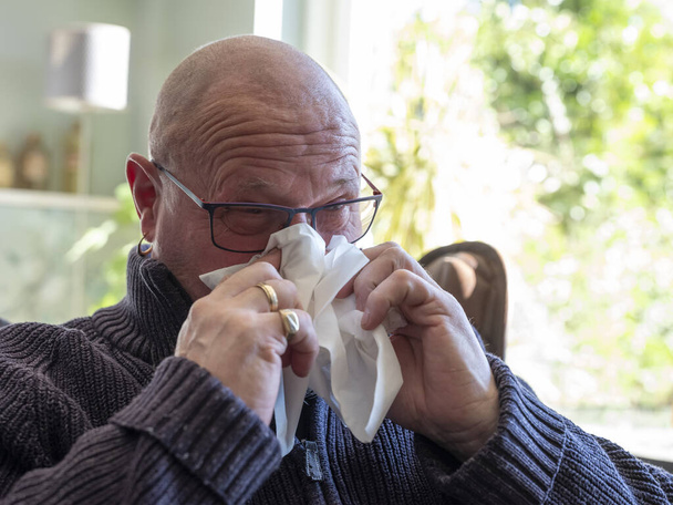 Beteg, kopasz öregember, zsebkendővel fújja az orrát. influenzás, koronavírus. zöld növények ellen, egy napsütötte szobában. Covid-19 színezék - Fotó, kép