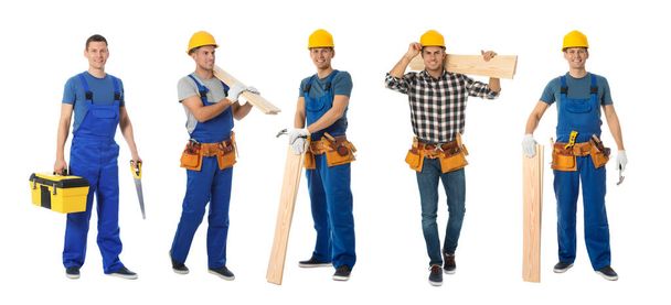 Collage of handsome carpenters on white background - Foto, afbeelding