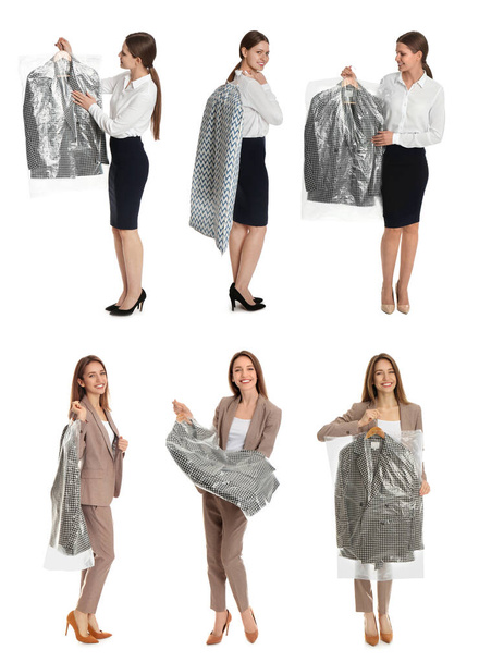 Collage of women holding hangers with clothes on white background. Dry-cleaning service - Fotó, kép