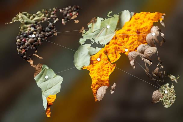 Dubbele blootstelling van de wereldkaart en verschillende specerijen op wazige achtergrond. Logistiek en groothandel - Foto, afbeelding