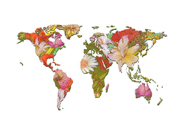 Silhueta de mapa mundial de flores diferentes. Vetor
 - Vetor, Imagem