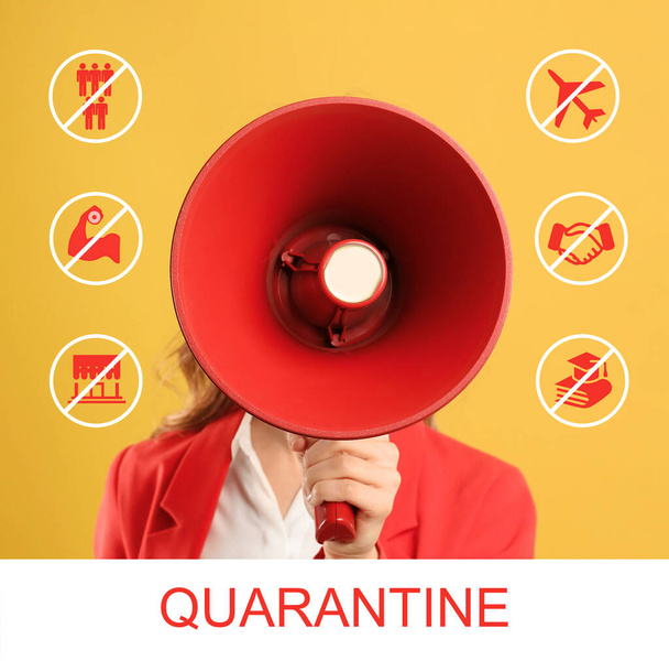 Woman with megaphone on yellow background. Hold on quarantine rules during coronavirus outbreak - Photo, Image