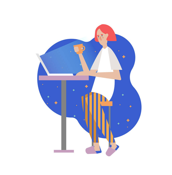 cartoon young white woman in home cloth using laptop for work. Vampire shopping or chatting at night time. - Vector, Image