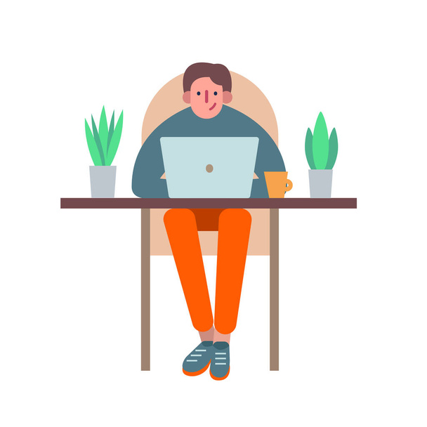 Man using a laptop to work in the distance. Freelancer works at home surrounded by home plants concept perfect workspace. Stay home, be safe - Vector, Image
