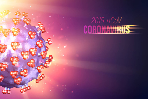 Computer model of Coronavirus bacteria in futuristic ray over violet background and flow particles. Maladie semblable à la grippe. Modèle 3D du virus 19-nCov. Restez à la maison pour réduire votre risque de maladie grave
 - Vecteur, image