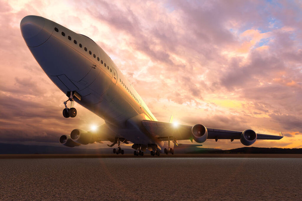 3D rendering of an airplane take-off / Landing at sunset - Photo, Image