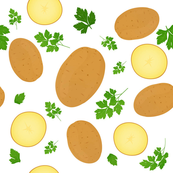 Patatas enteras y rodajas de patata aisladas sobre fondo blanco. tubérculo de patatas sin pelar con hojas de perejil. Ilustración vectorial. Patrón sin costura
 - Vector, imagen