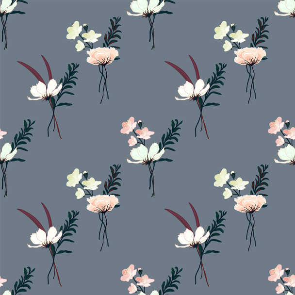 Decorative seamless floral pattern with hand drawn vintage flowers. Wallpaper with lily, camellia rose, sakura cherry blossom, grass and leaves bouquet on grey background, vector eps 10 illustration. - Vektori, kuva