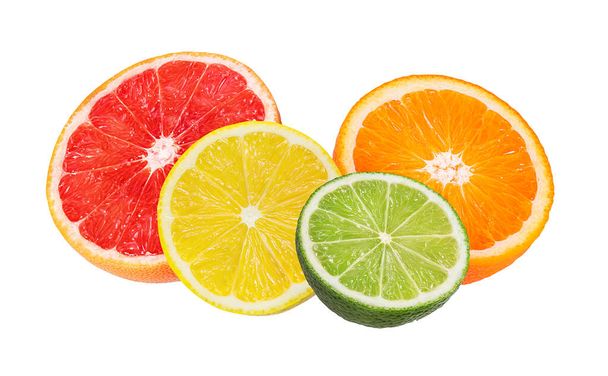 柑橘類の果物セットオレンジ、グレープフルーツ、ライム、レモンを白い背景に隔離. - 写真・画像