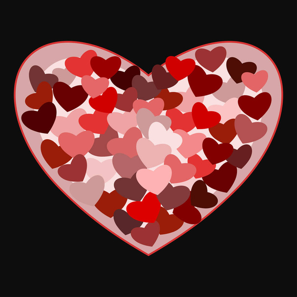 Mnoho malých a barevných srdcí v jednom velkém srdci na černém izolovaném pozadí. Na pohlednici, pozvánka na Valentýna - Vektor, obrázek
