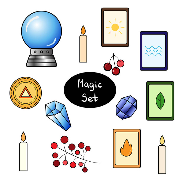 Magie a mystika zasazené na bílém izolovaném pozadí. Skleněná koule, tarotová karta (slunce, voda, oheň, země), křišťál, mince, svíčky, větev, bobule - Vektor, obrázek