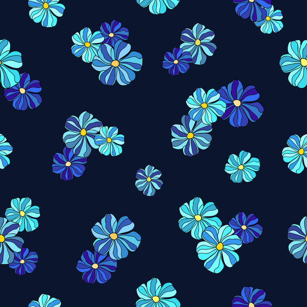 Ručně kreslené azurové, modré a fialové květy na tmavém pozadí. Bezešvé jarní jasný vzor. - Vektor, obrázek