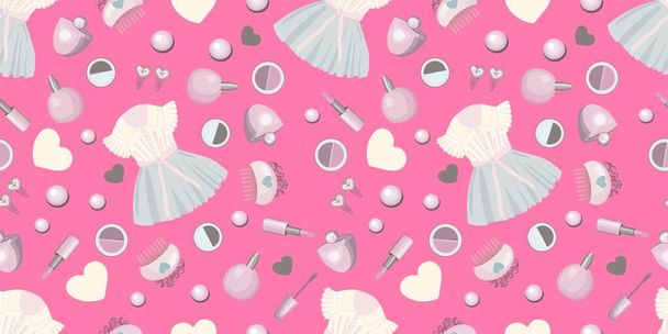 For princess. Seamless pattern with dress, cosmetics and accessories for girls, hairpins. Perfect design for fabric and textile, wrapping paper and wallpaper for walls. Vector pattern. - Vector, Image