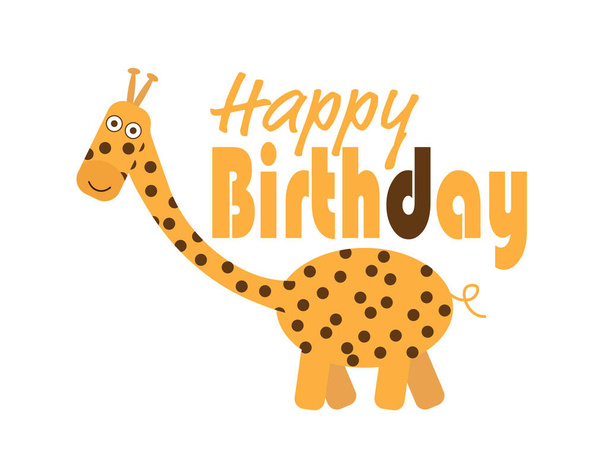 Happy Birthday Greeting with Cute Orange Cartoon Giraffe on White Background - Вектор, зображення