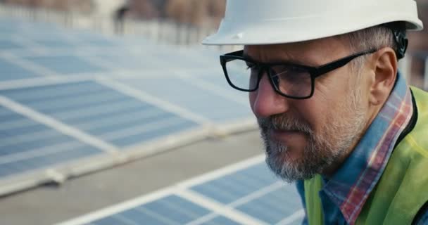 Technician talking to someone before solar panels - Filmati, video