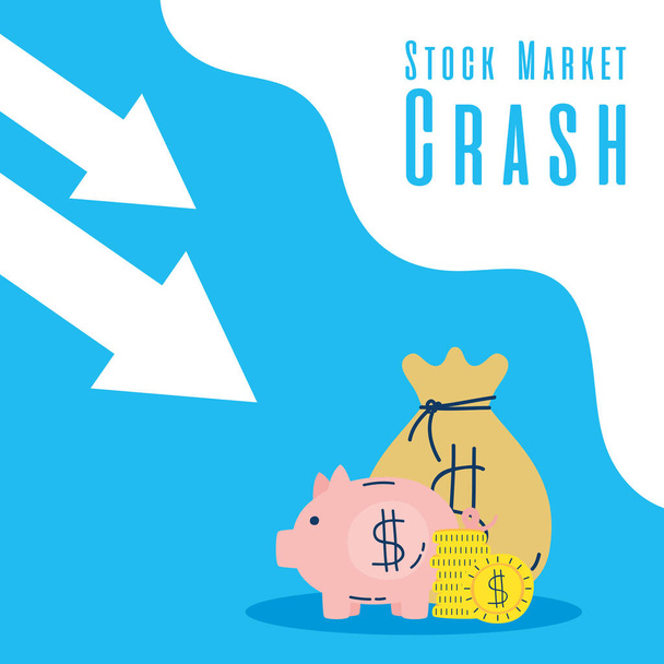 economia porquinho com seta para baixo ícones de queda do mercado de ações
 - Vetor, Imagem