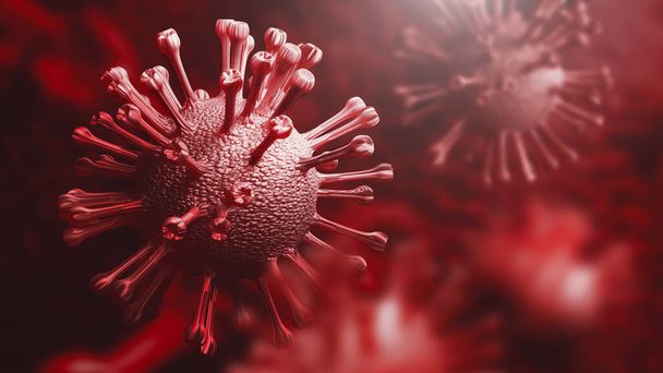 Супер крупный план коронавируса COVID-19 на фоне человеческого легкого. Концепция научной микробиологии. Эпидемия красной короны. Исследования вирусологической инфекции медицинского здоровья. 3D иллюстрация
 - Фото, изображение