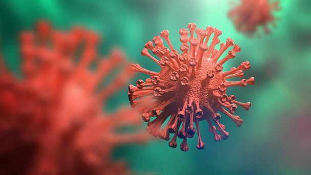 Super closeup Coronavirus COVID-19 in human lung body green background. Science microbiology concept. Red Corona virus outbreak epidemic. Medical health virology infection research. 3D illustration - Photo, Image