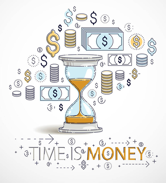 Time is money concept, hourglass and dollar icons set, sand watch timer deadline allegory, vector design. - Vetor, Imagem