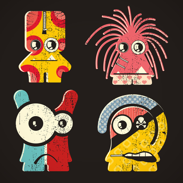 Set of four monsters on retro grunge background - ベクター画像