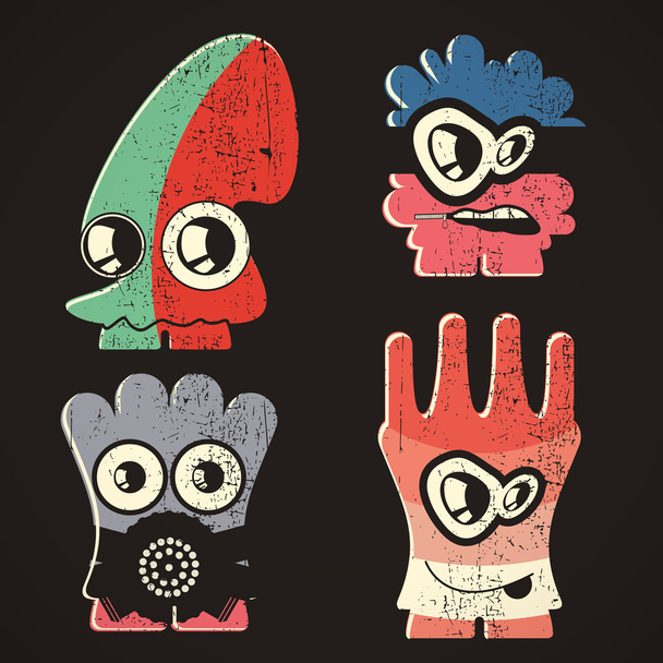 Set of four monsters on retro grunge background - Vector, afbeelding