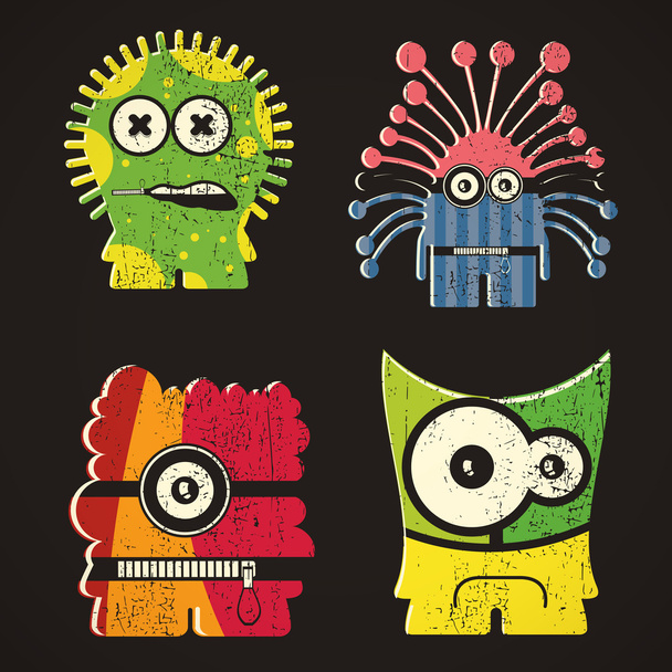 Set of four monsters on retro grunge background - Вектор,изображение