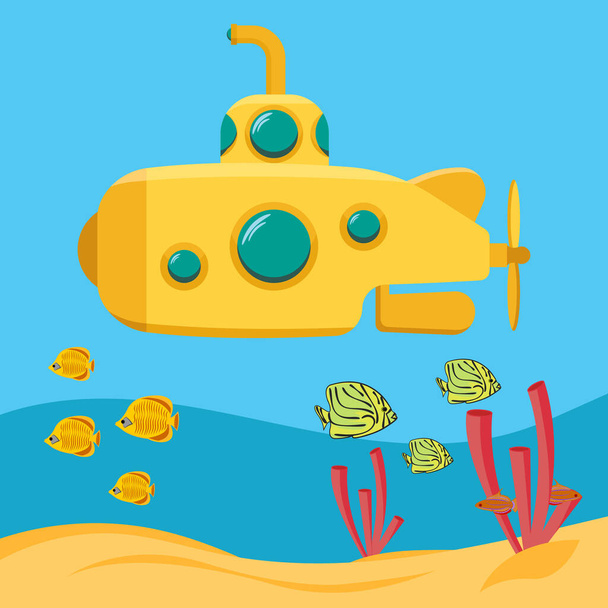 Submarino amarelo, vida marinha subaquática. Expedição nas profundezas do mar. Bathyscaphe com periscópio. Desenho plano ilustração vetorial
. - Vetor, Imagem